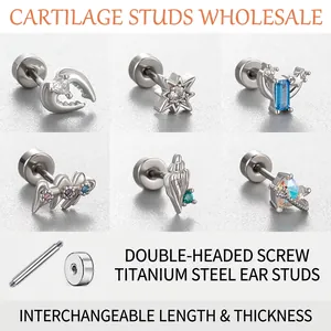 Titanium Steel Cartilage Stud Earrings Zircon Heart Star Wings Shell Design Flat Screw Back Piercing Jewelry For Women