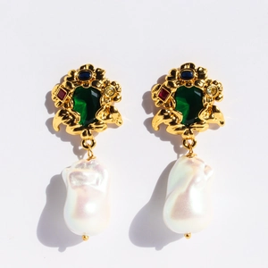Vintage Baroque Dangle Earrings Emerald Green Gemstones Multi Color Stone Artificial Pearl With 925 Sterling Silver Earring Post
