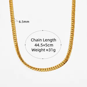 Golden 6.5mm stainless steel Cuban link chain necklace with adjustable extender for unisex