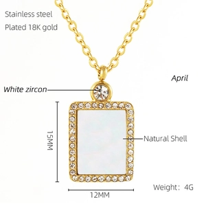 Detailed view of square 18K gold plated stainless steel necklace with zircon and shell