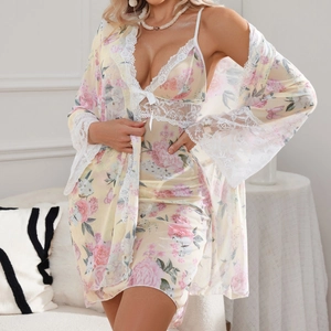Lace-trimmed floral mesh nightgown set in pale yellow with matching silk robe for women