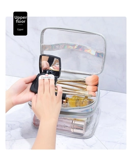 Close-up of double-layer transparent PVC travel bag with holographic silver accents