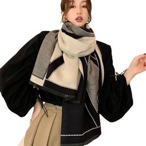 Winter faux cashmere scarf with large V letter patchwork design in black grey beige