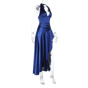 Detail of dark blue satin halter dress featuring a deep V-neck and high side slit