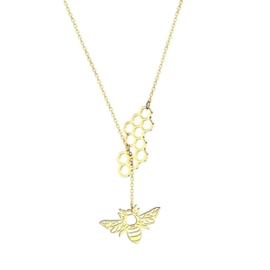 Minimalist gold stainless steel necklace with honeycomb and bee pendants for women