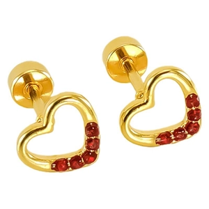 Gold hollow heart stud earrings with red crystal stones and screw back fasteners