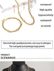 Waterproof gold PVD plated stainless steel chain necklace set with cubic zirconia stones
