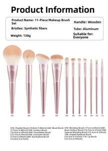 Detaillierte Größenangaben für ein 11-teiliges rosa professionelles Make-up-Pinsel-Set