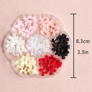 3D colorful bow nail charms set in round 8.3cm case with mixed pearls and 6 colors
