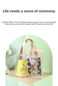 Detail of transparent PVC daisy tote bag with bear print mug and gift box set