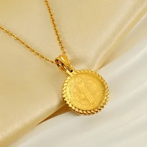 St Benedict Medal Pendant Necklace 18K Gold Plated Stainless Steel Round Religious Saint Coin Cross Jewelry For Men Women