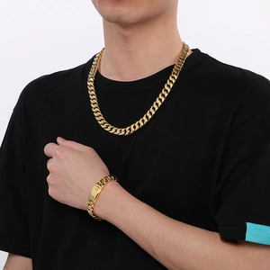 Men's 12mm gold vacuum-plated stainless steel Cuban link chain necklace and bracelet set