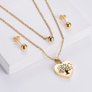 Heart Tree Of Life Jewelry Stainless Steel Double Layer Necklace And Ball Stud Earrings 18K Gold Plated Minimalist