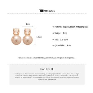 Detailed size and material chart for gold plated zircon and pearl stud earrings