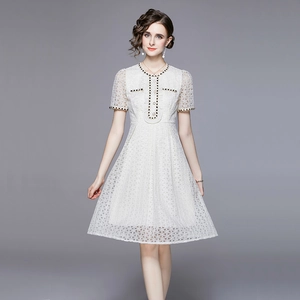 French style white lace short sleeve A-line dress with polka dot trim and button detail