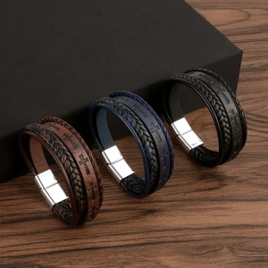 Braided Leather Bracelet For Men Multi Layer Alloy Magnetic Clasp Vintage Cross Pattern Handmade Wristband