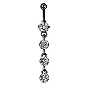 Detail of black belly ring featuring four vertically aligned sparkling zircon stones