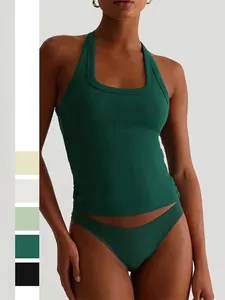 Damen Y2K Geripptes Neckholder Tanktop Slim Fit Ärmellose Sportliche Yoga Weste Sommer Casual Basic Cami Top