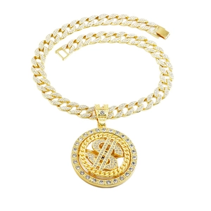 Bling iced out dollar sign pendant necklace with rotating hip-hop cuban link chain