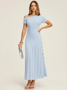 Robe Longue En Tricot Épaule Dénudée Détail Bouton Coupe Ajustée Ajourée Côtelée Couleur Unie Élégante Femmes