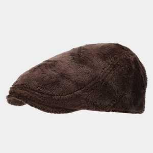 Deep brown plush flat cap in retro style for winter, featuring soft fluffy texture