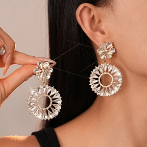 Elegant Flower Round Dangle Earrings Alloy Rhinestone With Silver Earring Post Luxury Statement Jewelry For Women