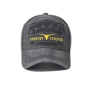 Close-up of Texas Longhorn embroidery on vintage washed charcoal cotton baseball cap