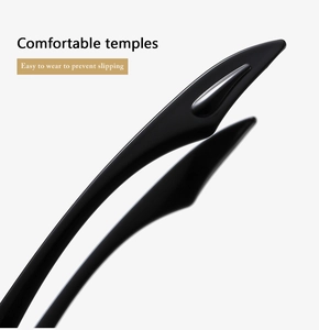 Close-up of ergonomic glossy black sunglasses temples with non-slip curved design