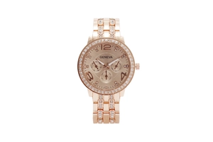 Detailed close-up of rose gold Geneva watch featuring three dials and rhinestone encrusting