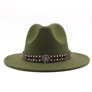 Army green wool fedora with brown leather rivet band and vintage metal emblem