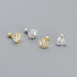 Baguette Zircon Fan Shaped Cartilage Stud Earrings With 925 Sterling Silver Earring Post Crown Design Threaded Screw Back