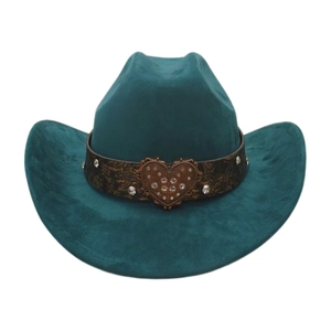 Close-up of suede cowboy hat featuring leather band and crystal heart metal buckle