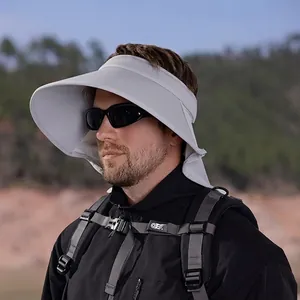 Men Outdoor Sun Hat Ice Satin Nylon Spandex UV Protection Large Brim Empty Top Neck Flap Hiking Fishing Sporty Breathable