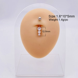 Silver stainless steel belly ring with three clear zircons on a display model, size 1.6*10*5mm