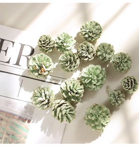 Close-up of light green pine cones with gold glitter accents for Christmas DIY crafts