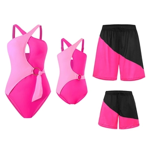Family matching swimwear set in pink colorblock design for mother and daughter