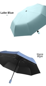 Detail showing two automatic folding umbrellas in light lake blue and dark misty blue