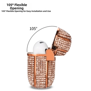 Detailed view of luxury rhinestone AirPods case showing the 105 degree opening mechanism