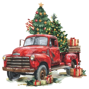 Festive Christmas wall sticker featuring a vintage red pickup truck with a holiday tree