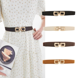Women Elastic Waist Belt PU Leather Alloy Gold Interlocking Buckle Thin Cinch Dress Decorative Slimming Accessory