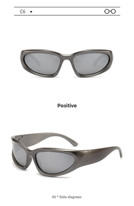 Detailed front and 45-degree side view of Y2K futuristic metallic wrap-around sunglasses