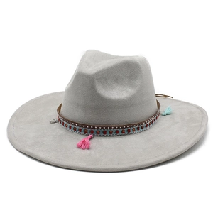 Detail of grey wide brim fedora with decorative patterned band and colorful tassels