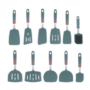 11-piece dark green silicone kitchen utensil set with stainless steel handles on white backdrop