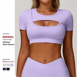 Top da Yoga con Rientro sul Petto Donna Slim Fit Manica Corta Fitness Corsa Sportivo Crop Top in Nylon Elastan Maglia