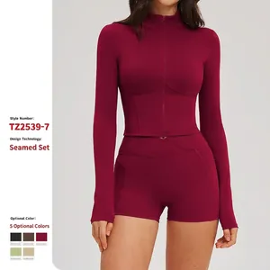 Women Long Sleeve Zipper Stand Collar Jacket High Waist Crossover Shorts Polyamide Elastane Gym Fitness Top And Bottom