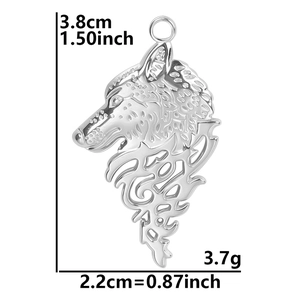 Wolf head pendant dimensions 3.8cm height by 2.2cm width in polished silver finish