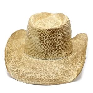 Close-up of light beige cowboy hat featuring a brown snakeskin pattern texture and wide brim