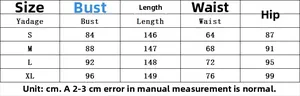 Size chart for the solid color one-shoulder dress with bust, waist, and hip measurements