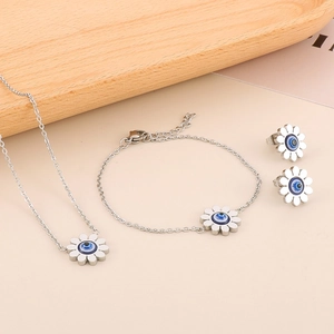 Titanium steel sunflower jewelry set with opal evil eye necklace, bracelet, and earrings