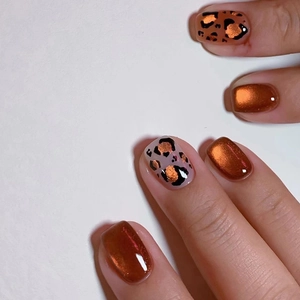 Orange Red Cat Eye Leopard Pattern Press On Nails Short Ballerina Square Shape False Nails For Women Spicy Girl Manicure